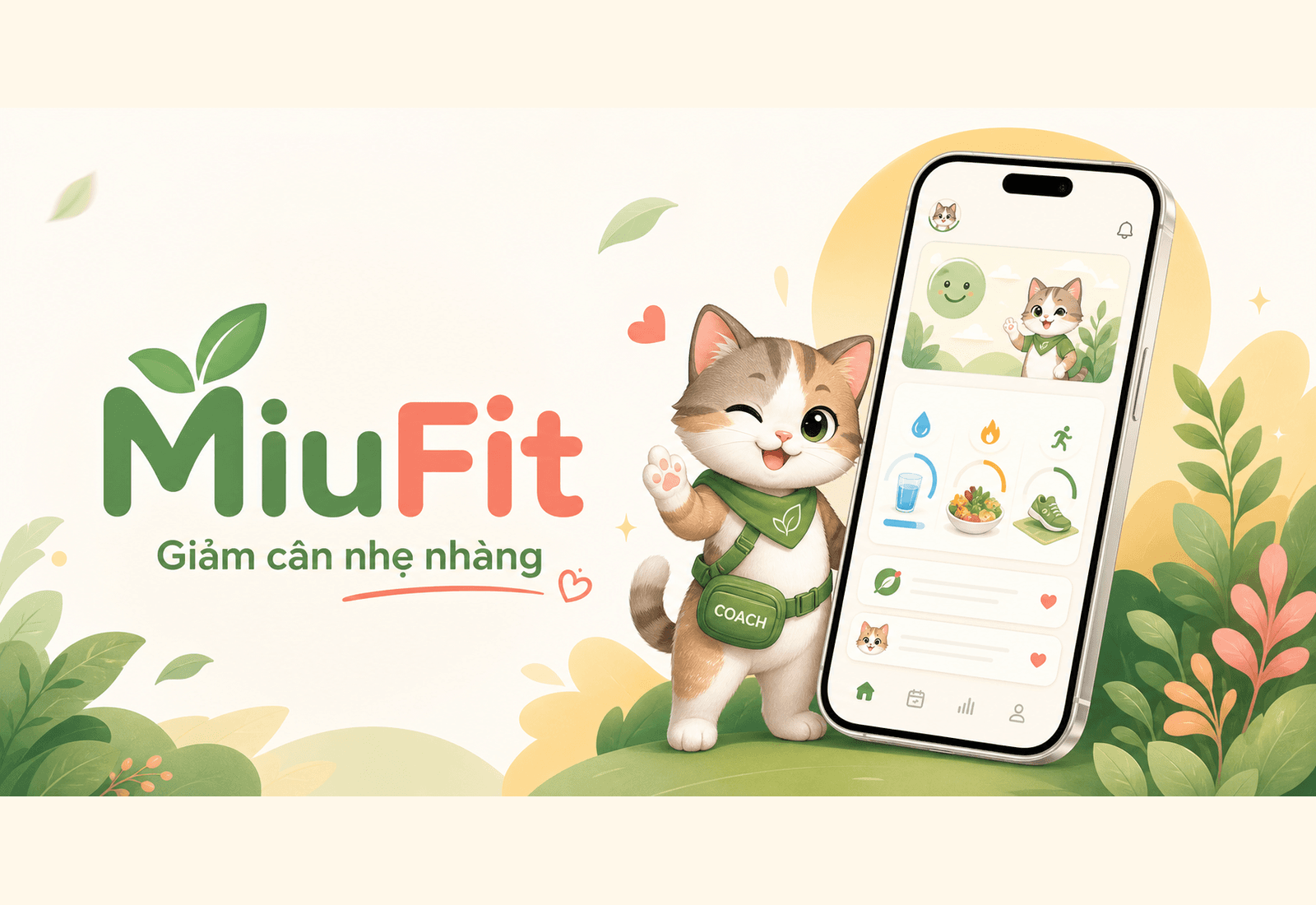 MiuFit landing hero với điện thoại preview và Miu Coach